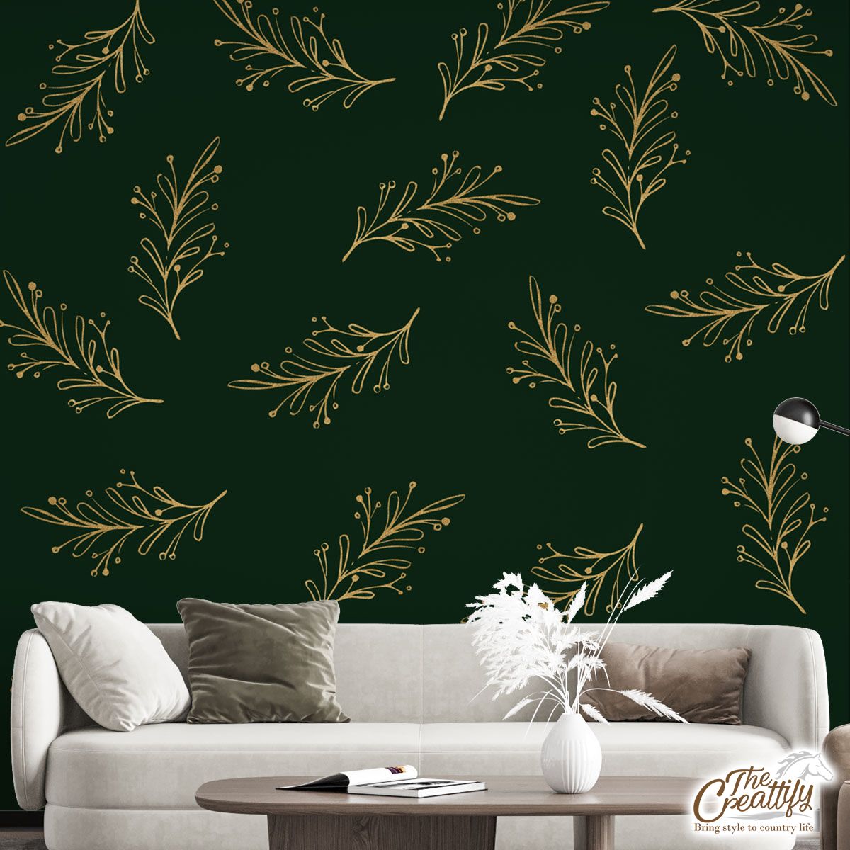 Gold And Green Christmas Tree Branch Wall Mural