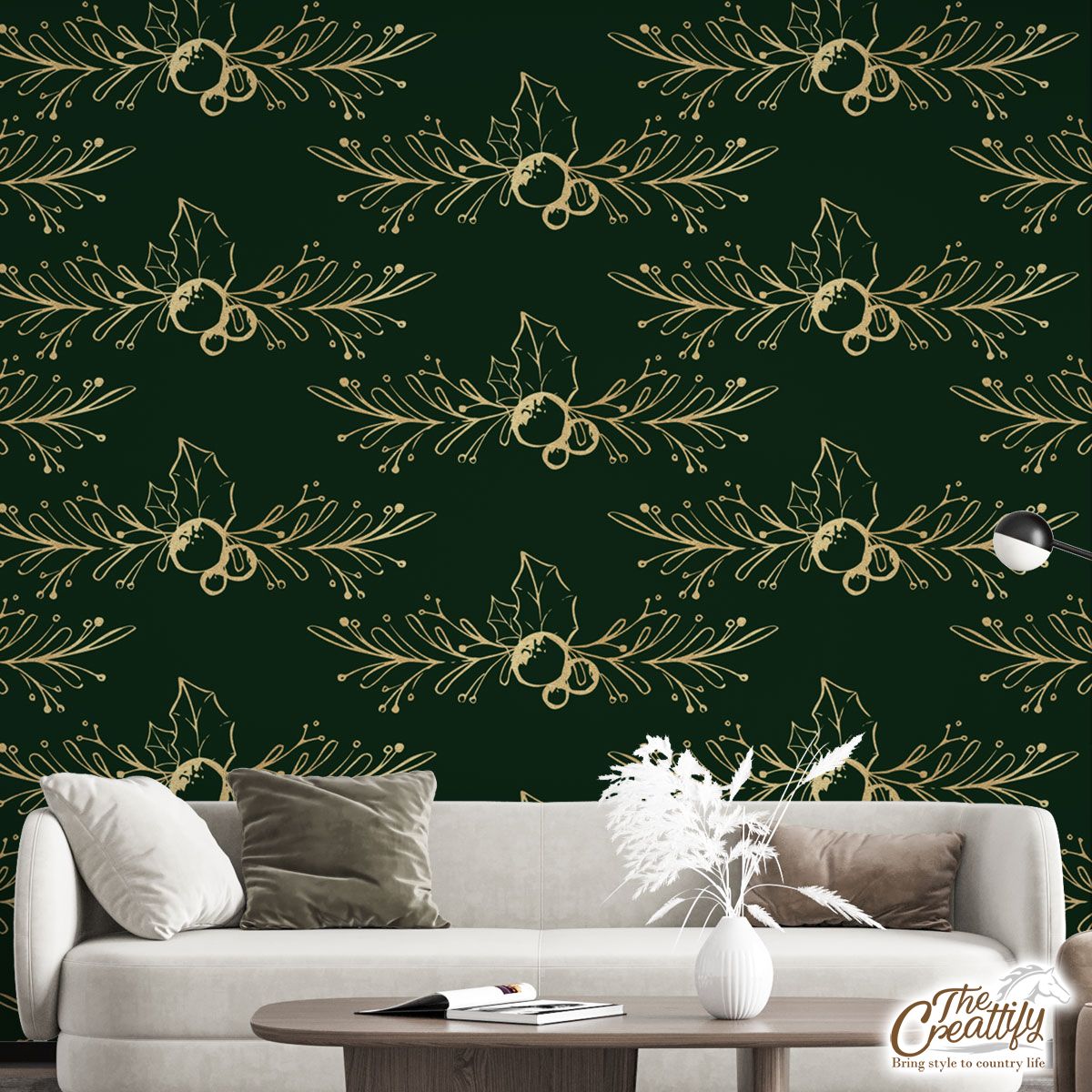 Gold And Green Holly Branch Wall Mural