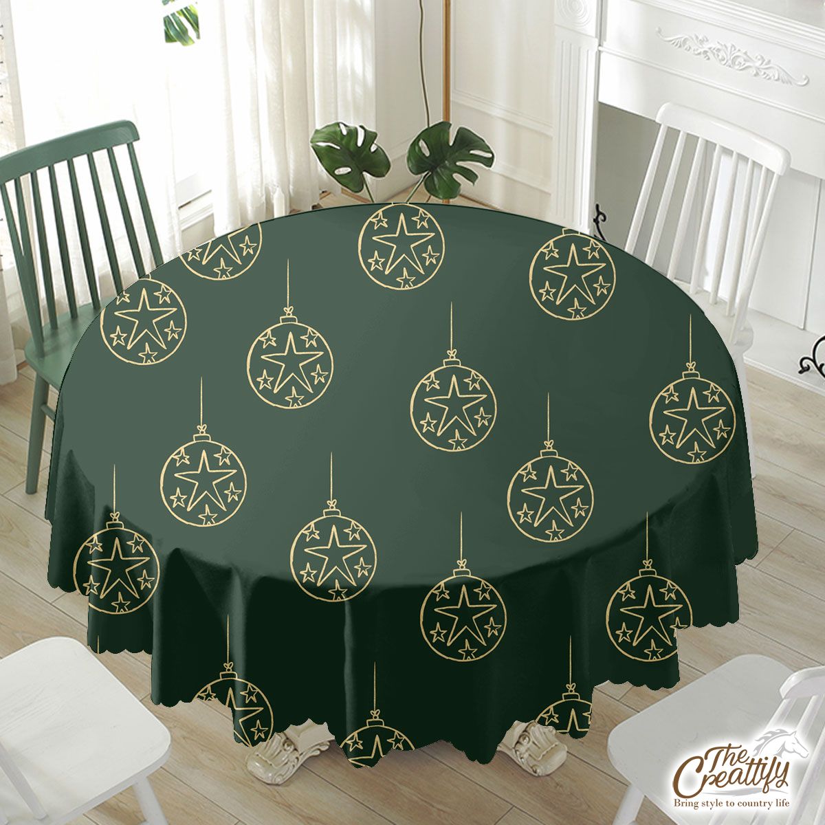 Gold And Green Christmas Ball Waterproof Tablecloth