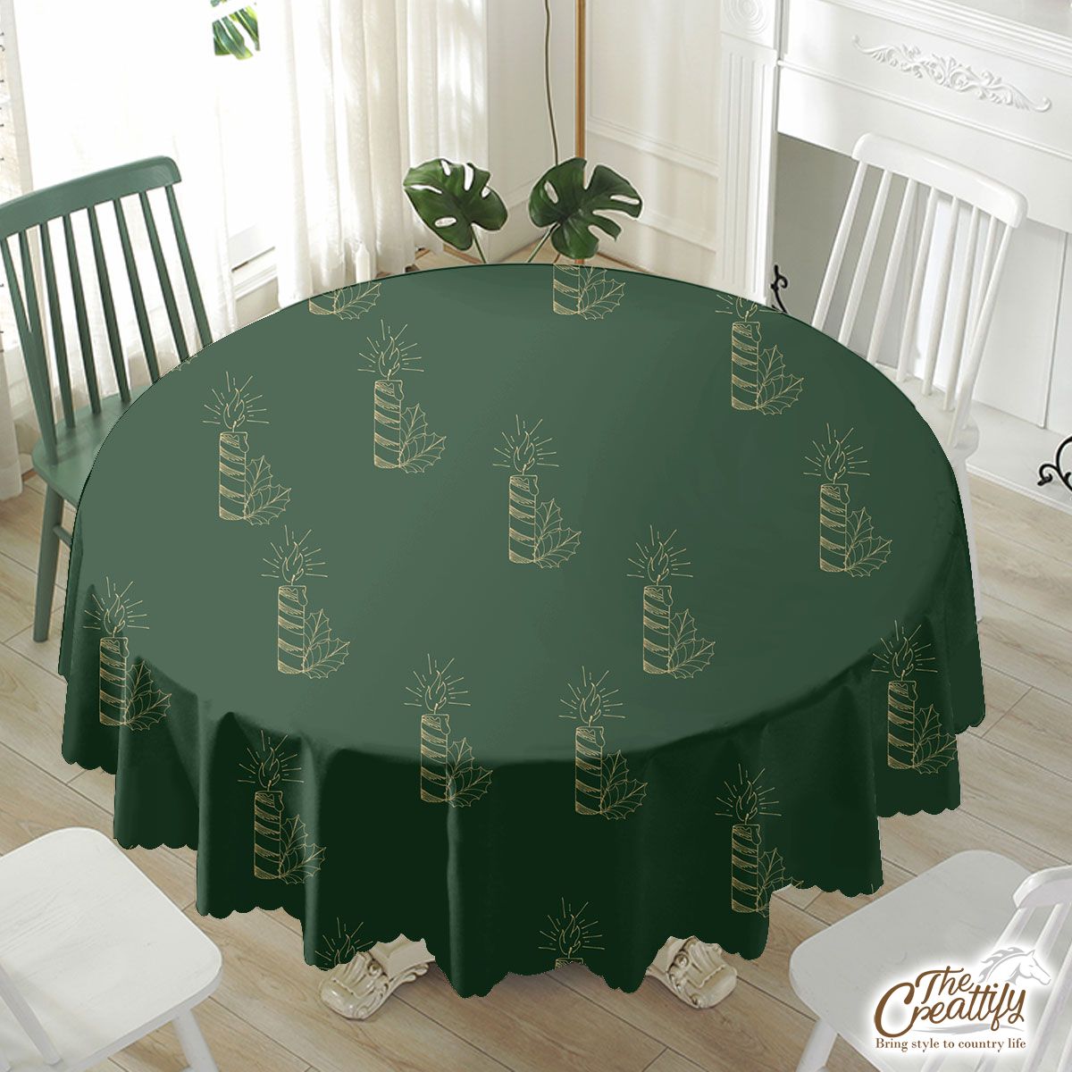 Gold And Green Christmas Candle With Holly Leaf Waterproof Tablecloth