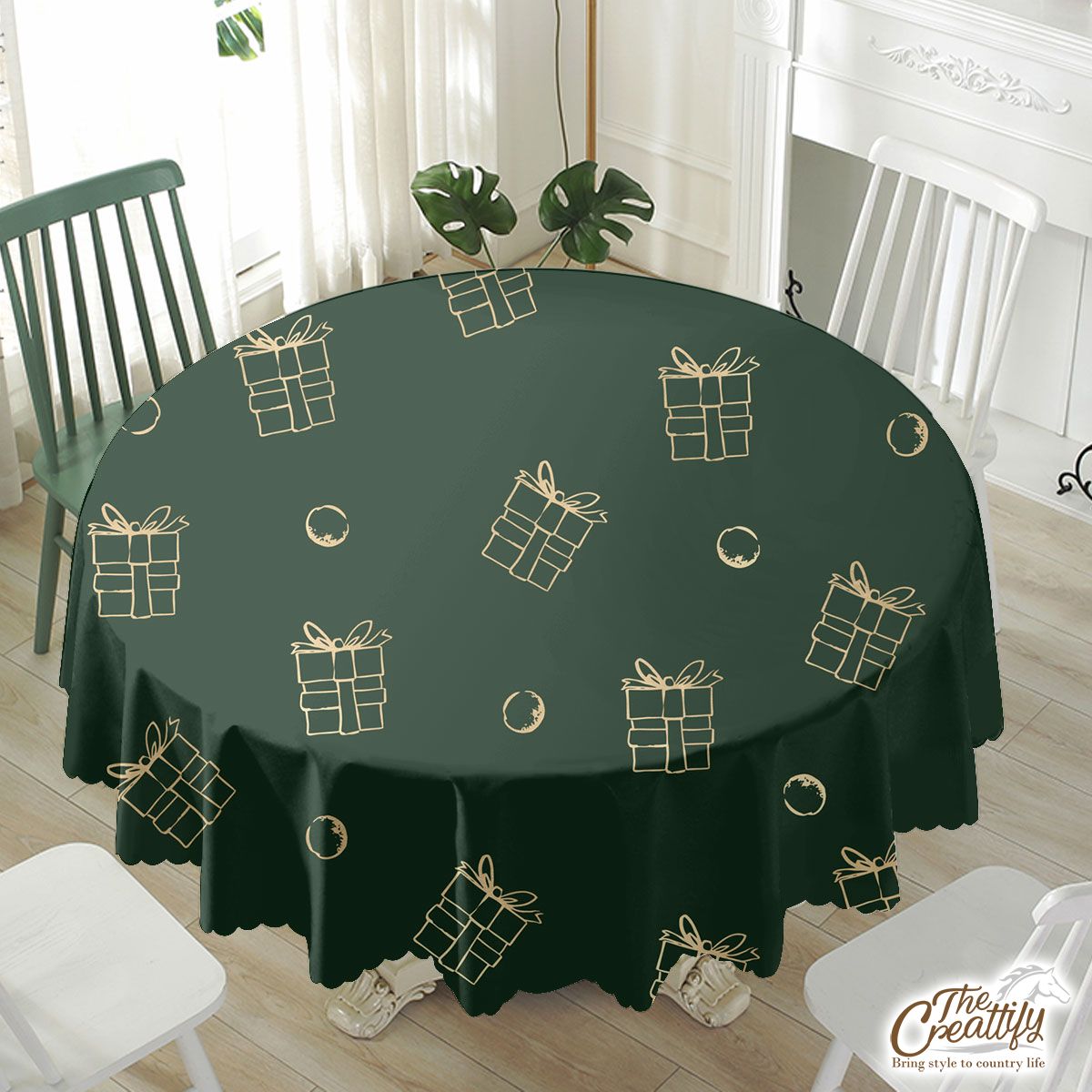 Gold And Green Christmas Gift Waterproof Tablecloth