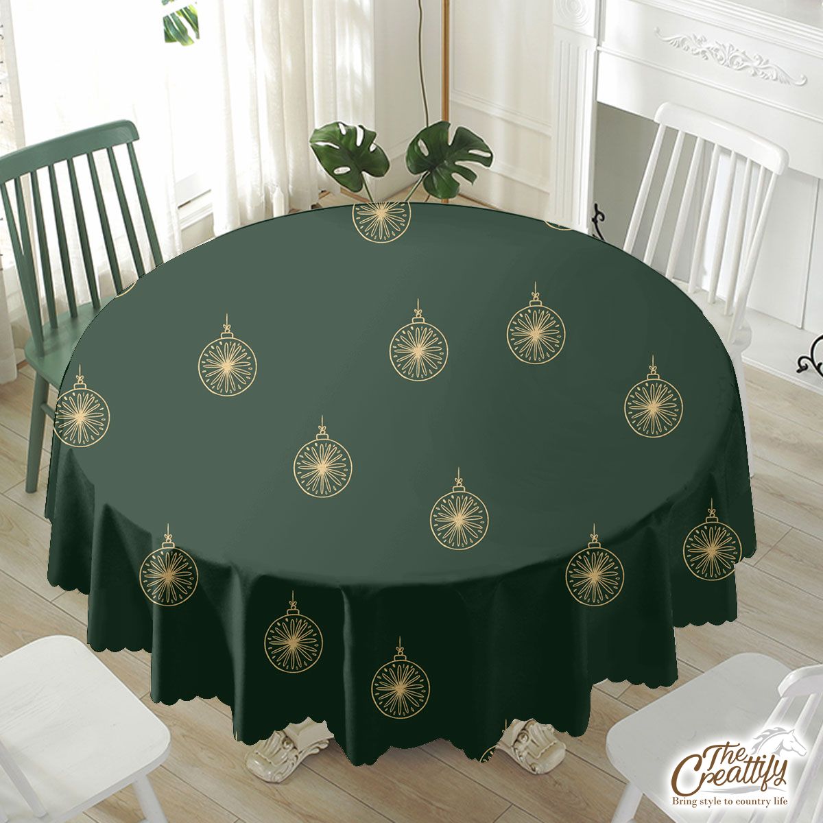 Gold And Green Christmas Ornament Waterproof Tablecloth