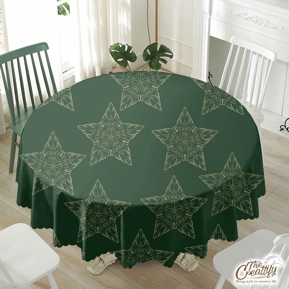 Gold And Green Christmas Star Waterproof Tablecloth