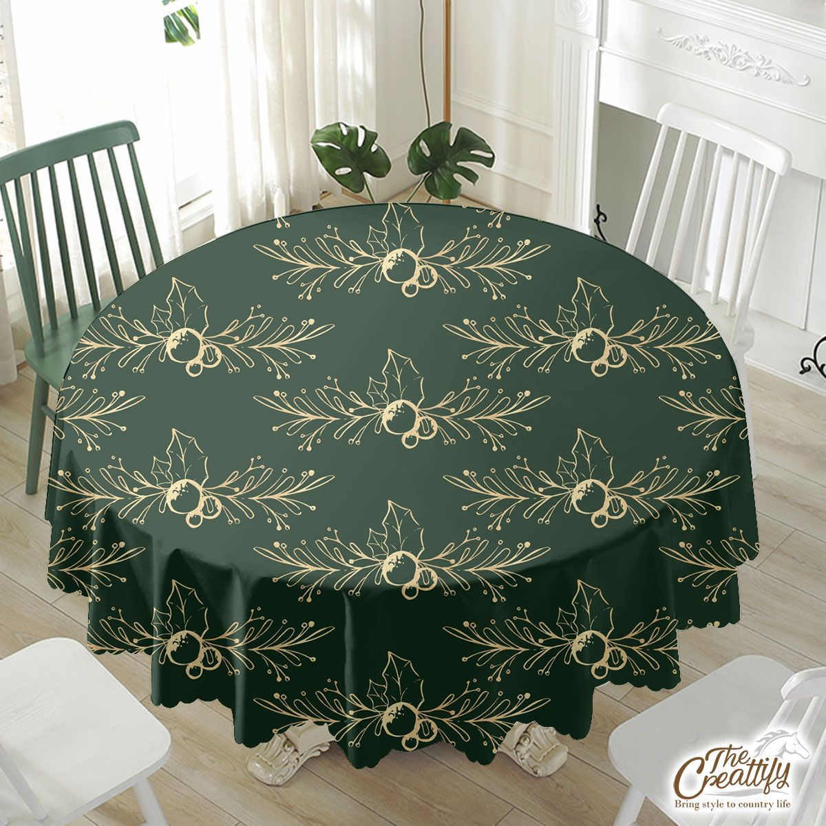 Gold And Green Holly Branch Waterproof Tablecloth