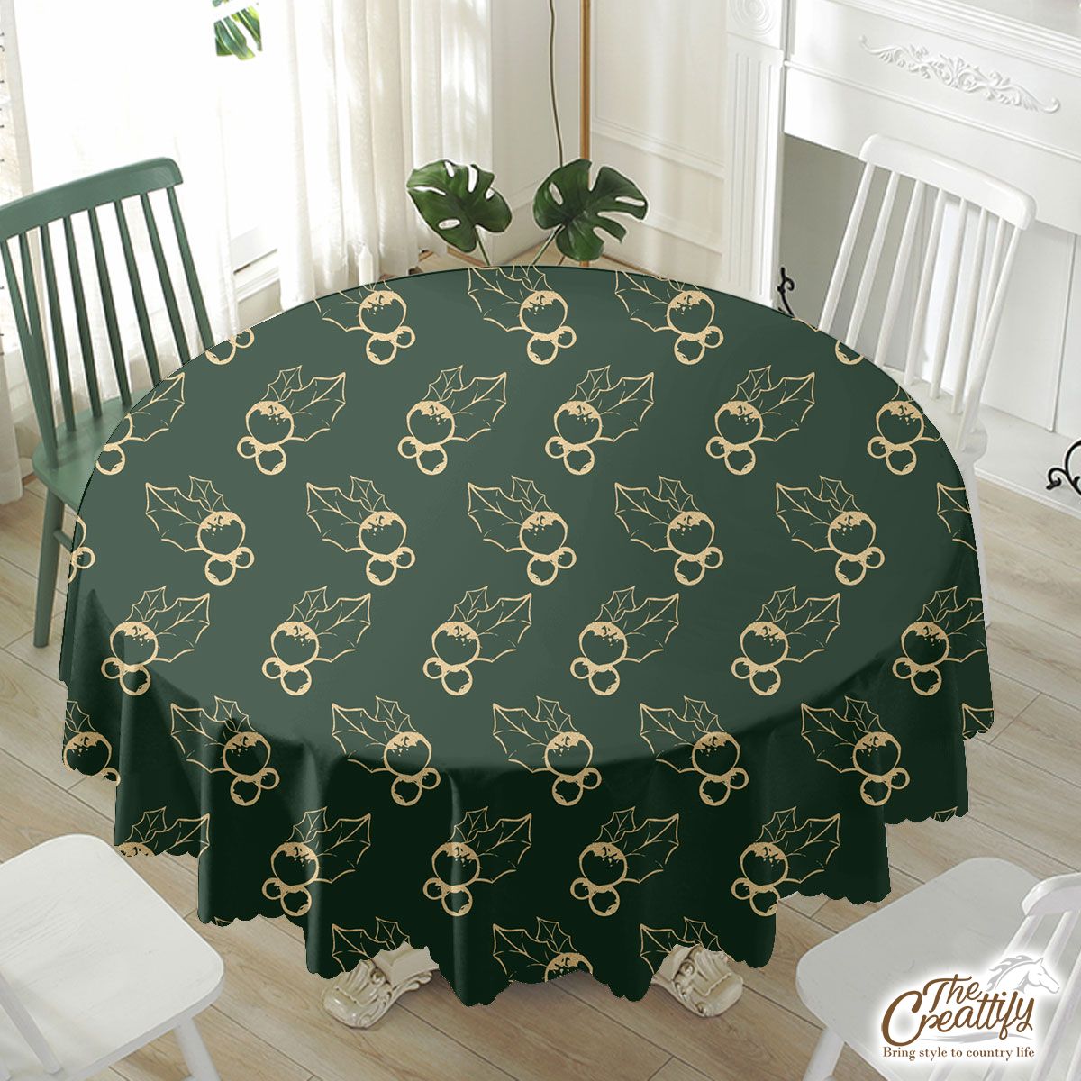 Gold And Green Holly Leaf Waterproof Tablecloth