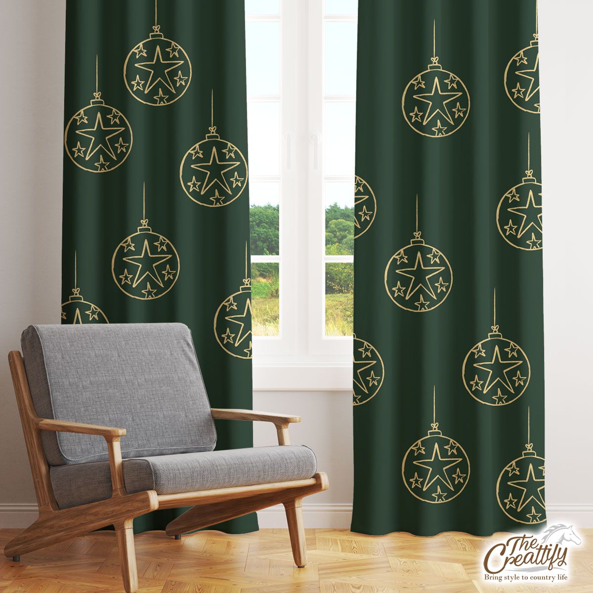 Gold And Green Christmas Ball Window Curtain