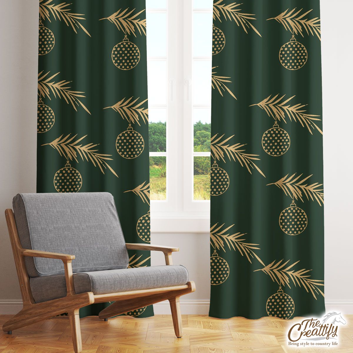 Gold And Green Christmas Bow And Christmas Tree Branch Window Curtain