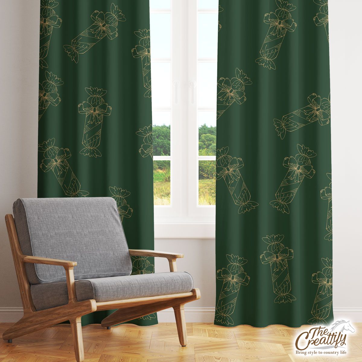 Gold And Green Christmas Candy Window Curtain