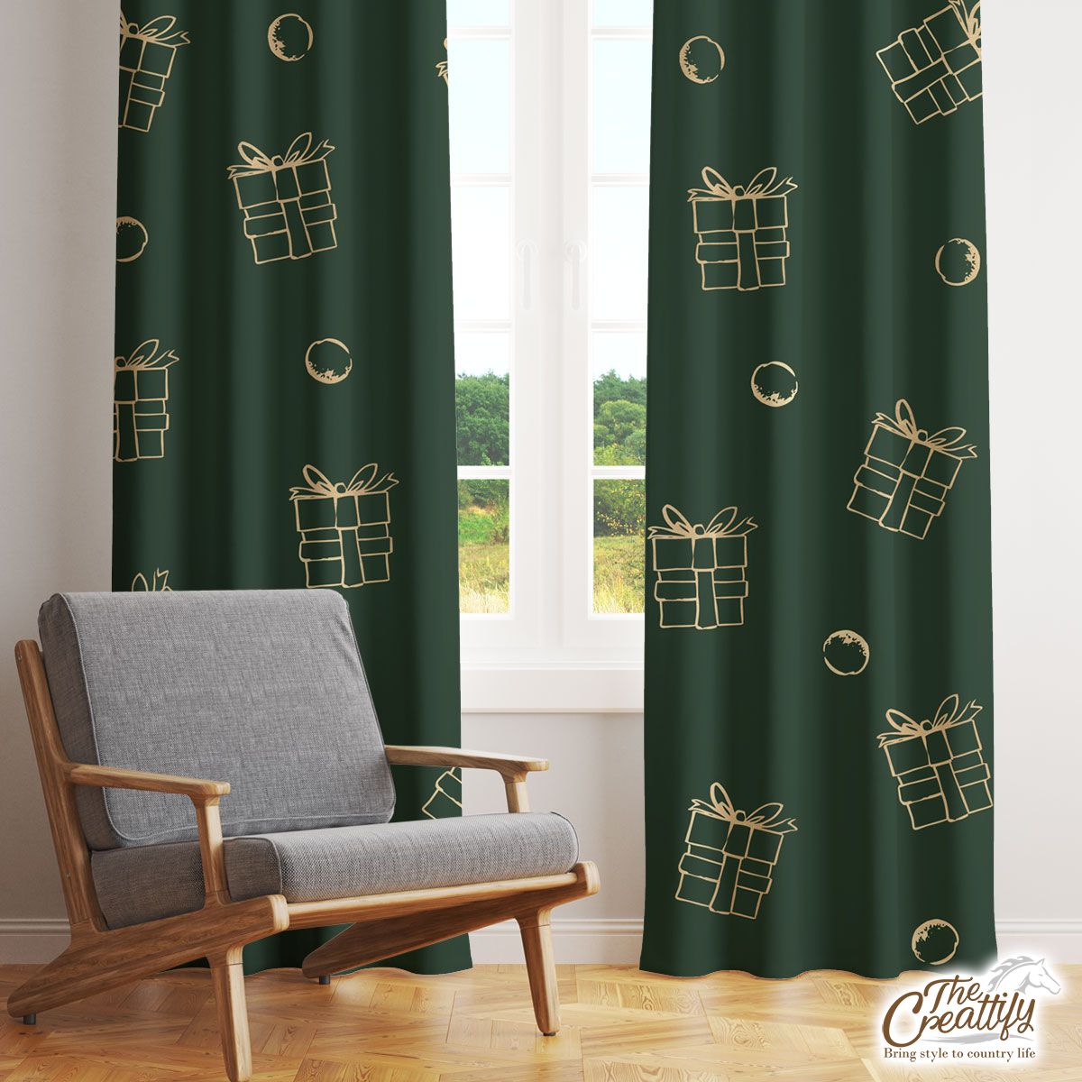 Gold And Green Christmas Gift Window Curtain