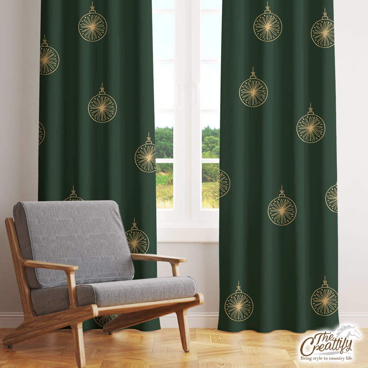 Gold And Green Christmas Ornament Window Curtain