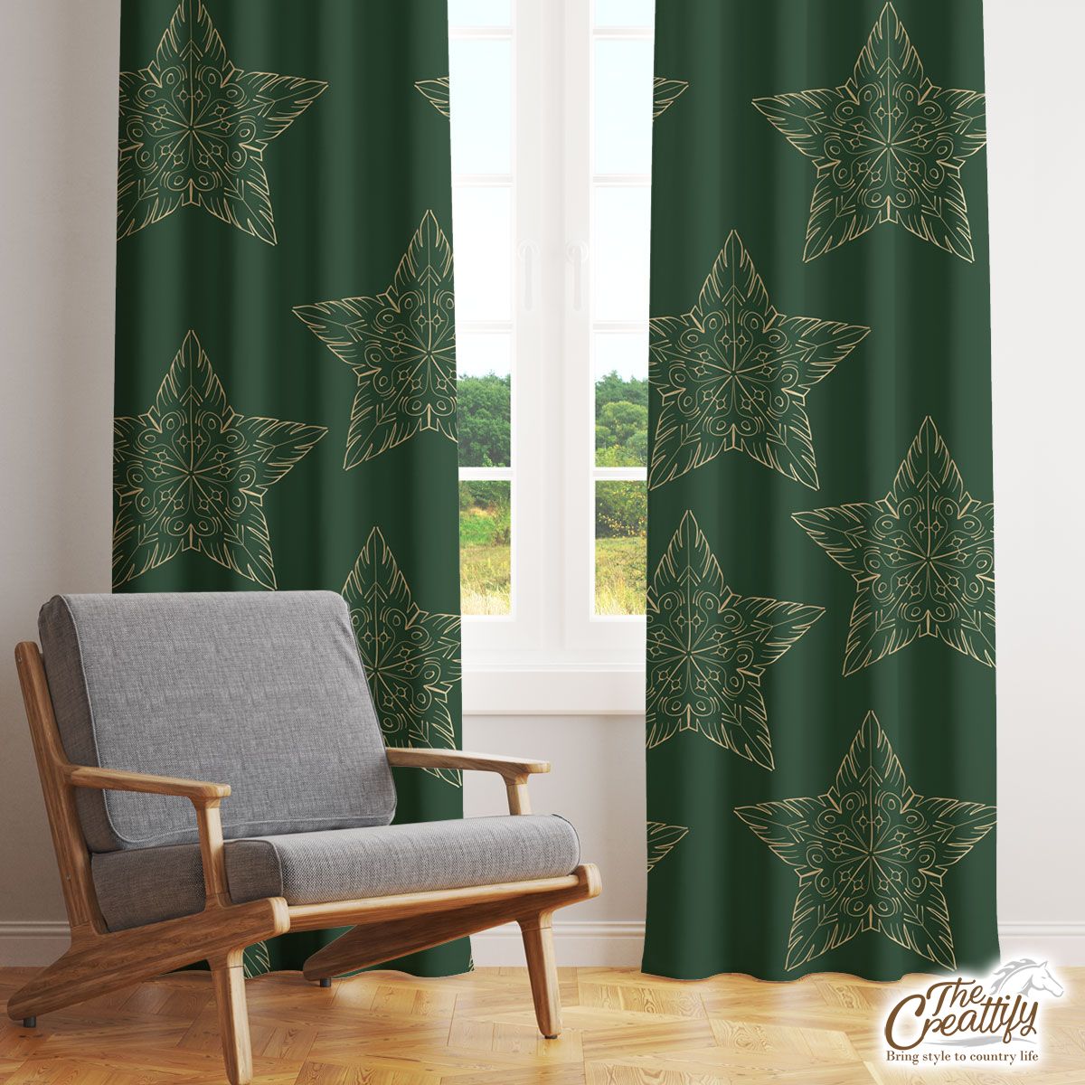 Gold And Green Christmas Star Window Curtain