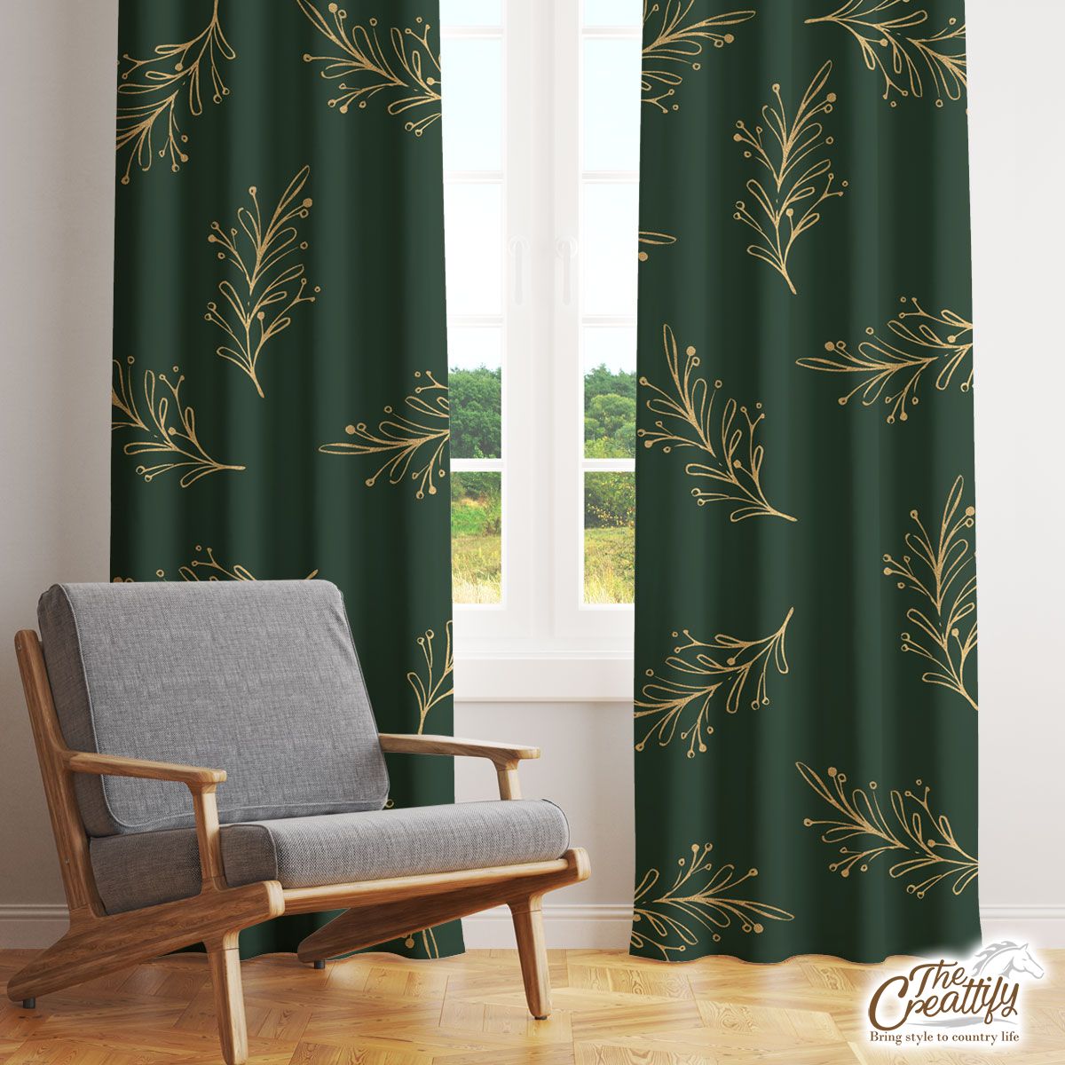 Gold And Green Christmas Tree Branch Window Curtain