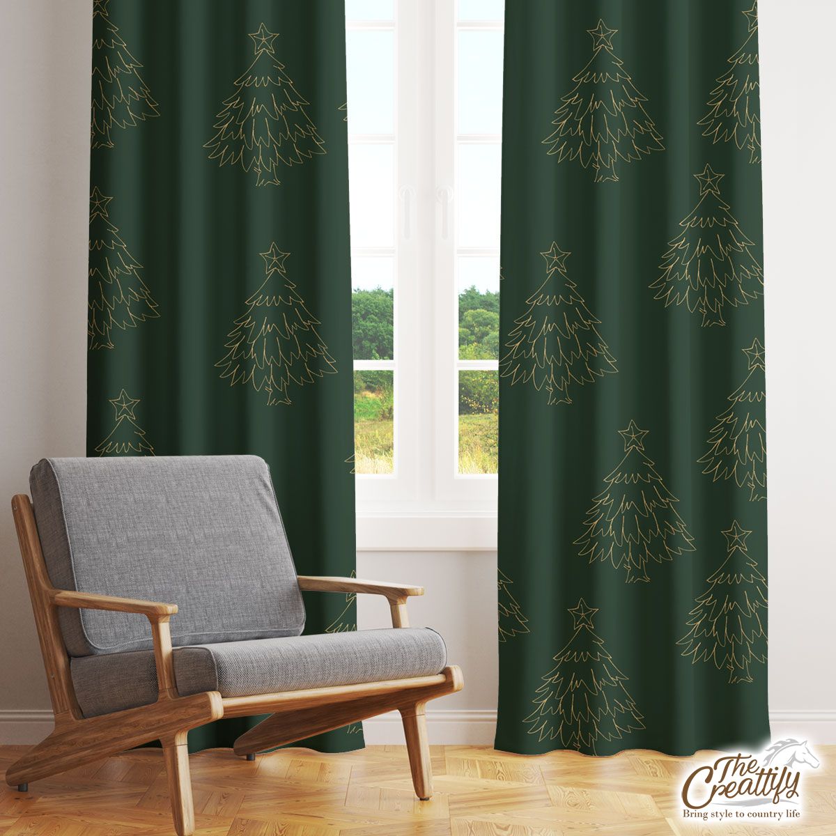 Gold And Green Christmas Tree Window Curtain