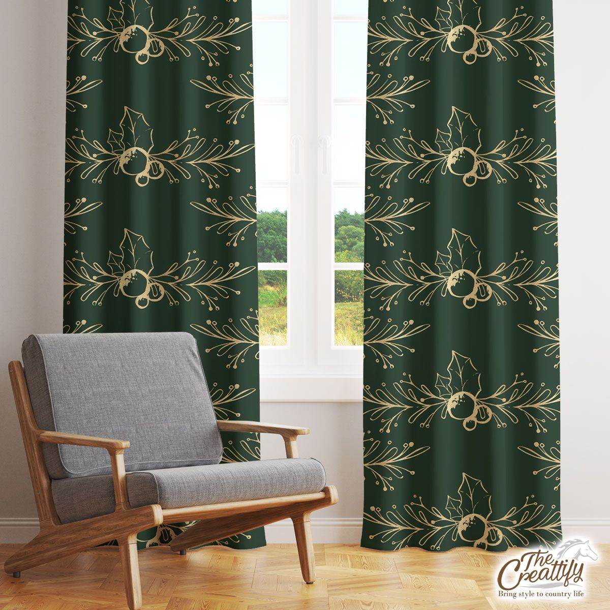 Gold And Green Holly Branch Window Curtain