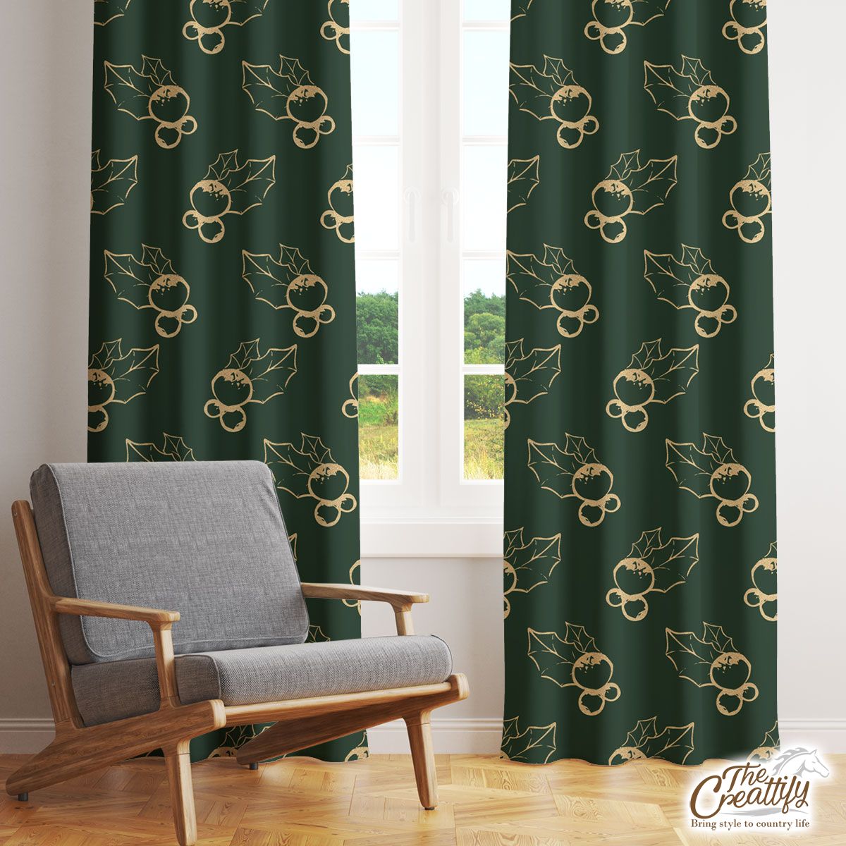 Gold And Green Holly Leaf Window Curtain