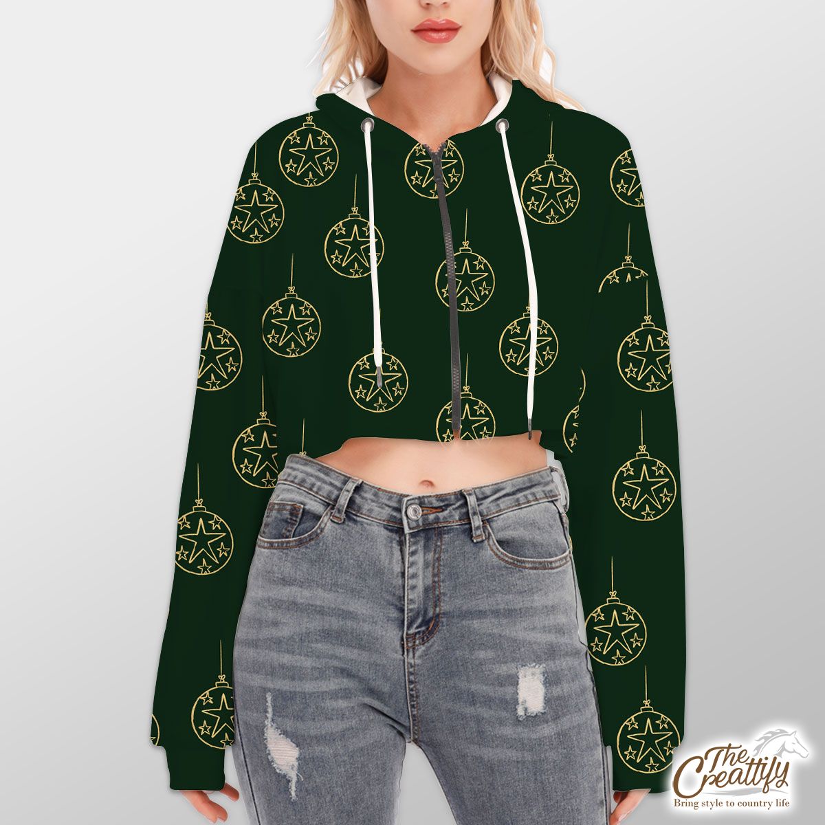 Gold And Green Christmas Ball Hoodie With Zipper Closure