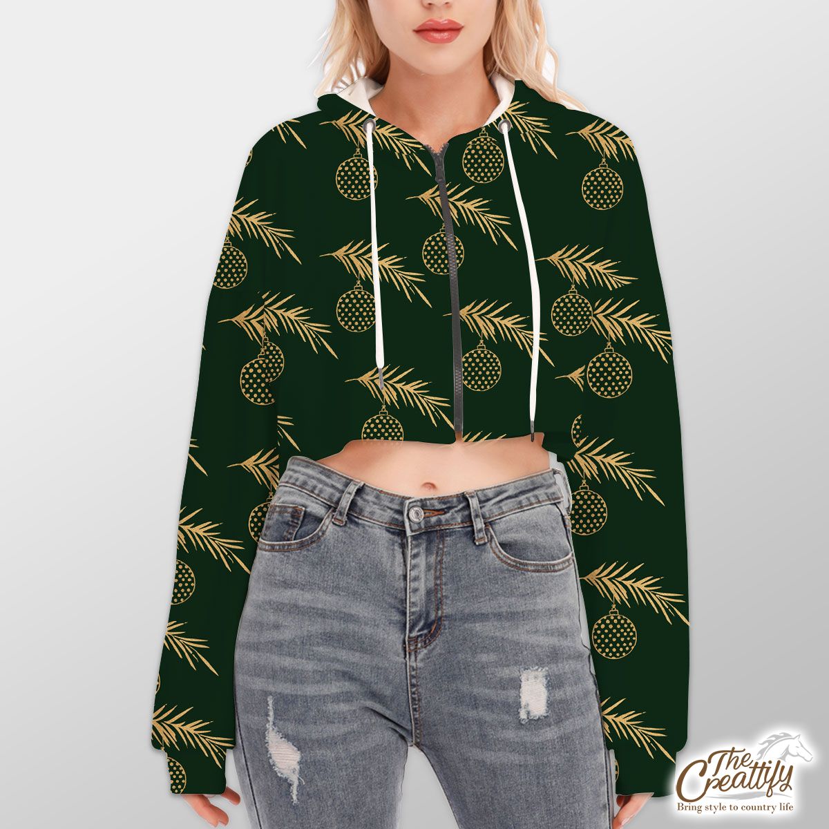 Gold And Green Christmas Bow And Christmas Tree Branch Hoodie With Zipper Closure
