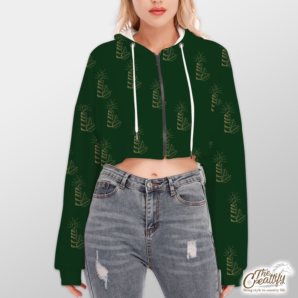 Gold And Green Christmas Candle With Holly Leaf Hoodie With Zipper Closure