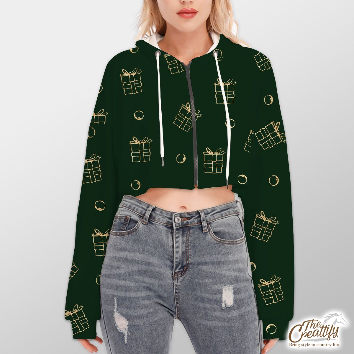 Gold And Green Christmas Gift Hoodie With Zipper Closure