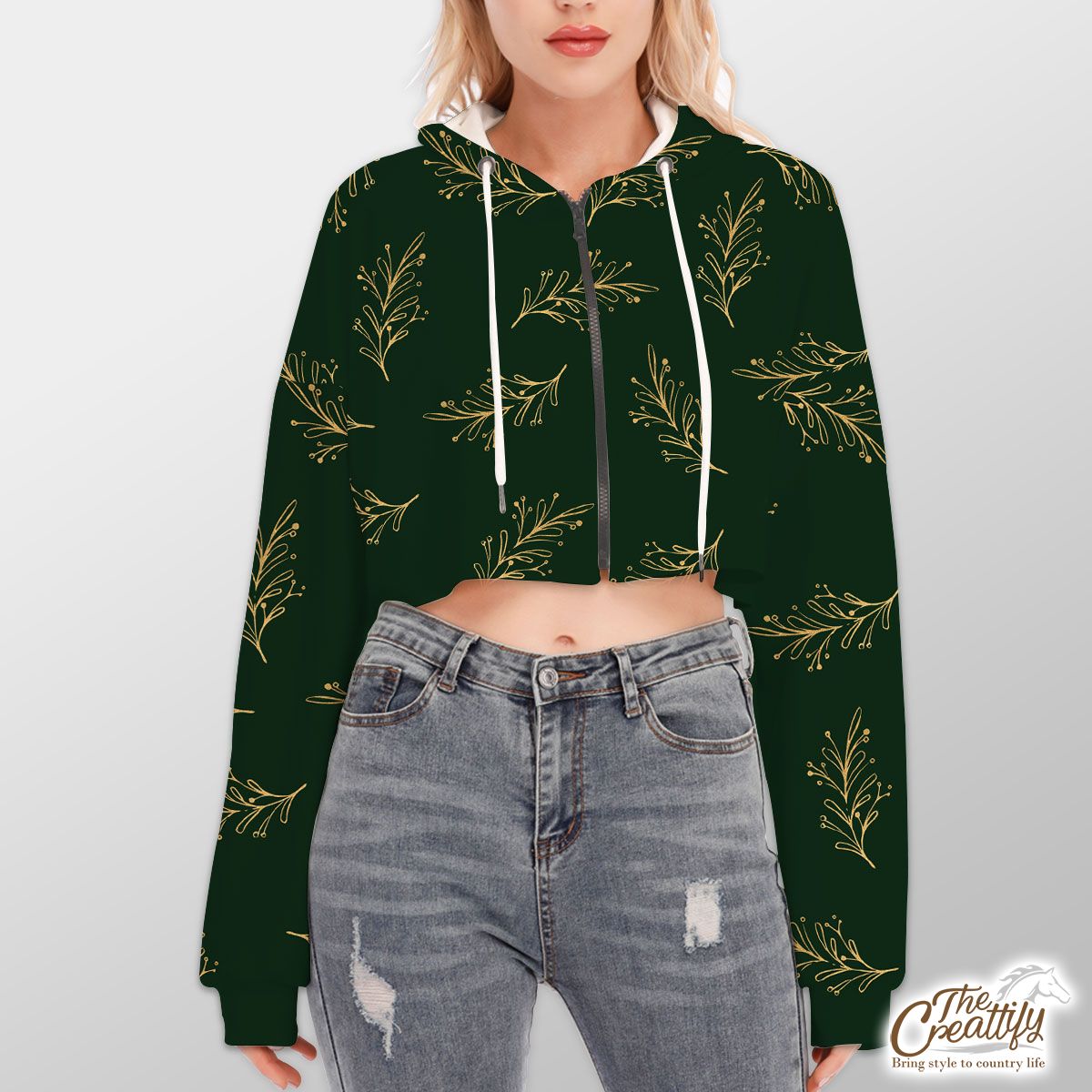 Gold And Green Christmas Tree Branch Hoodie With Zipper Closure