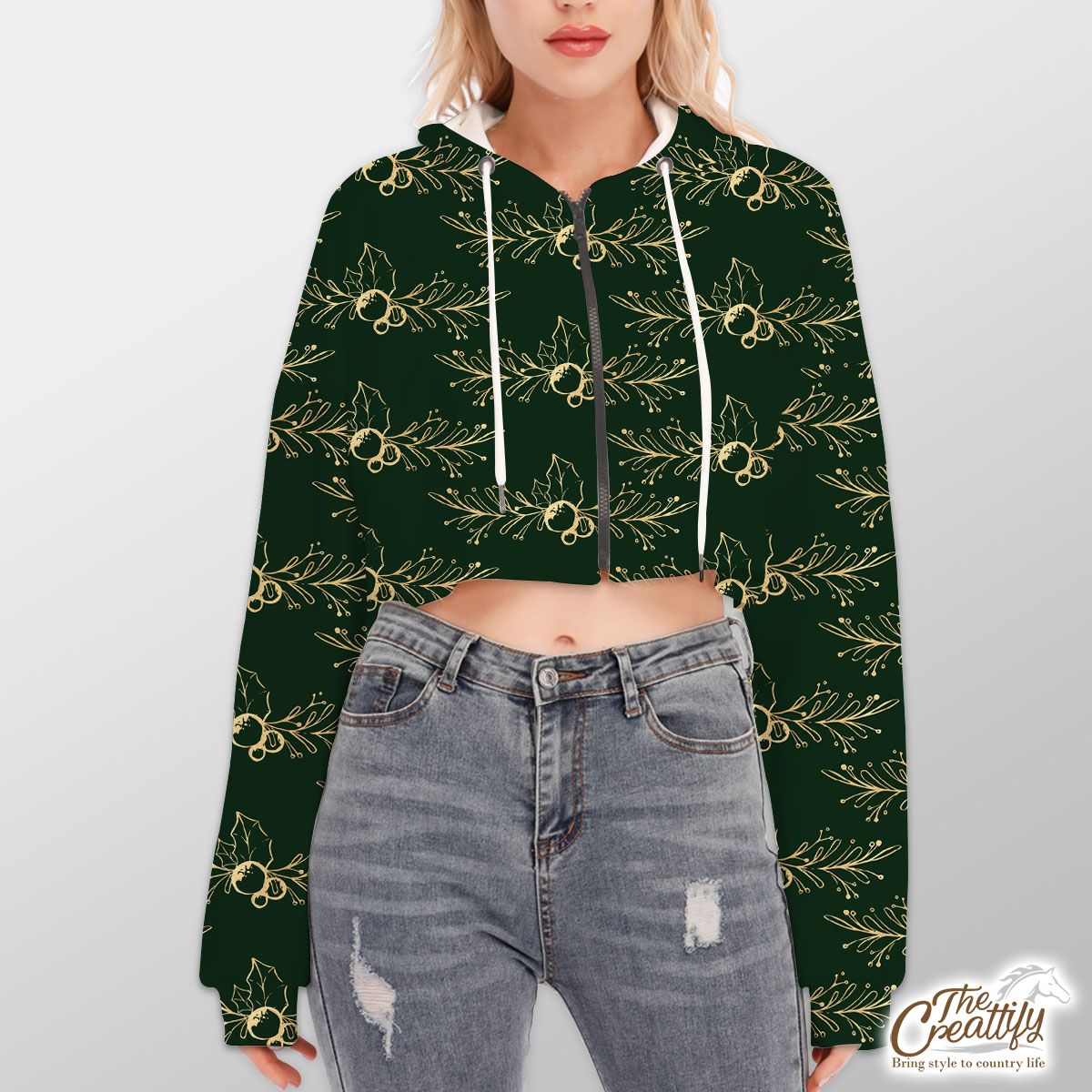 Gold And Green Holly Branch Hoodie With Zipper Closure