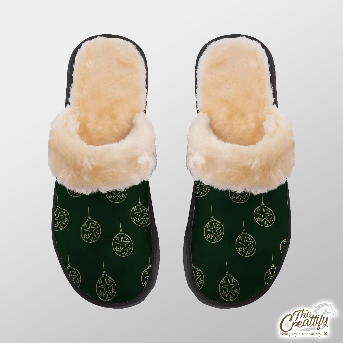 Gold And Green Christmas Ball Home Plush Slippers