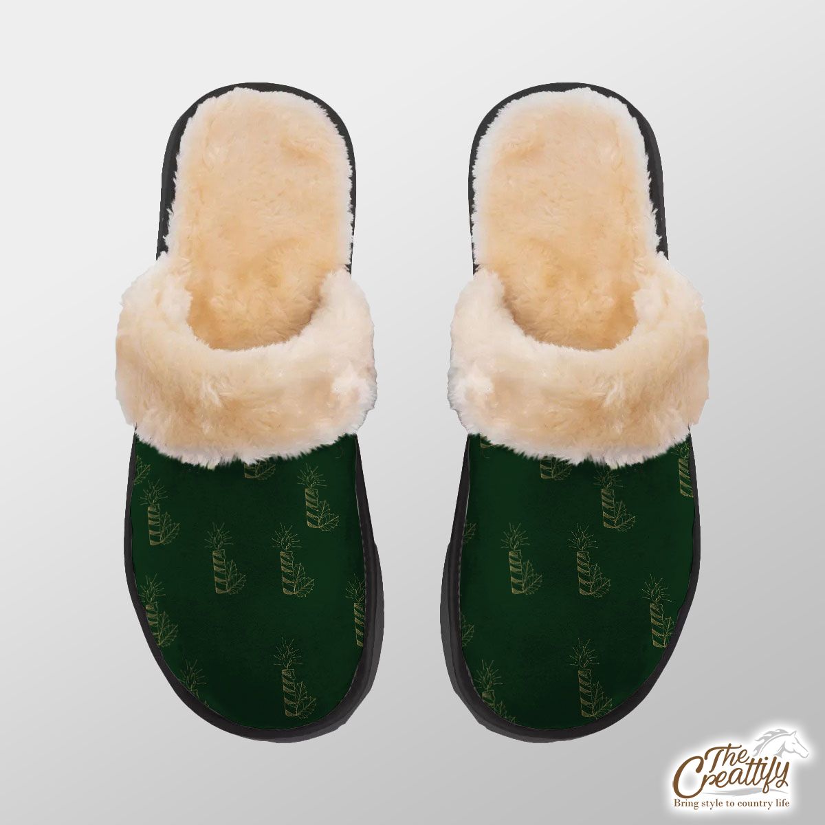 Gold And Green Christmas Candle With Holly Leaf Home Plush Slippers