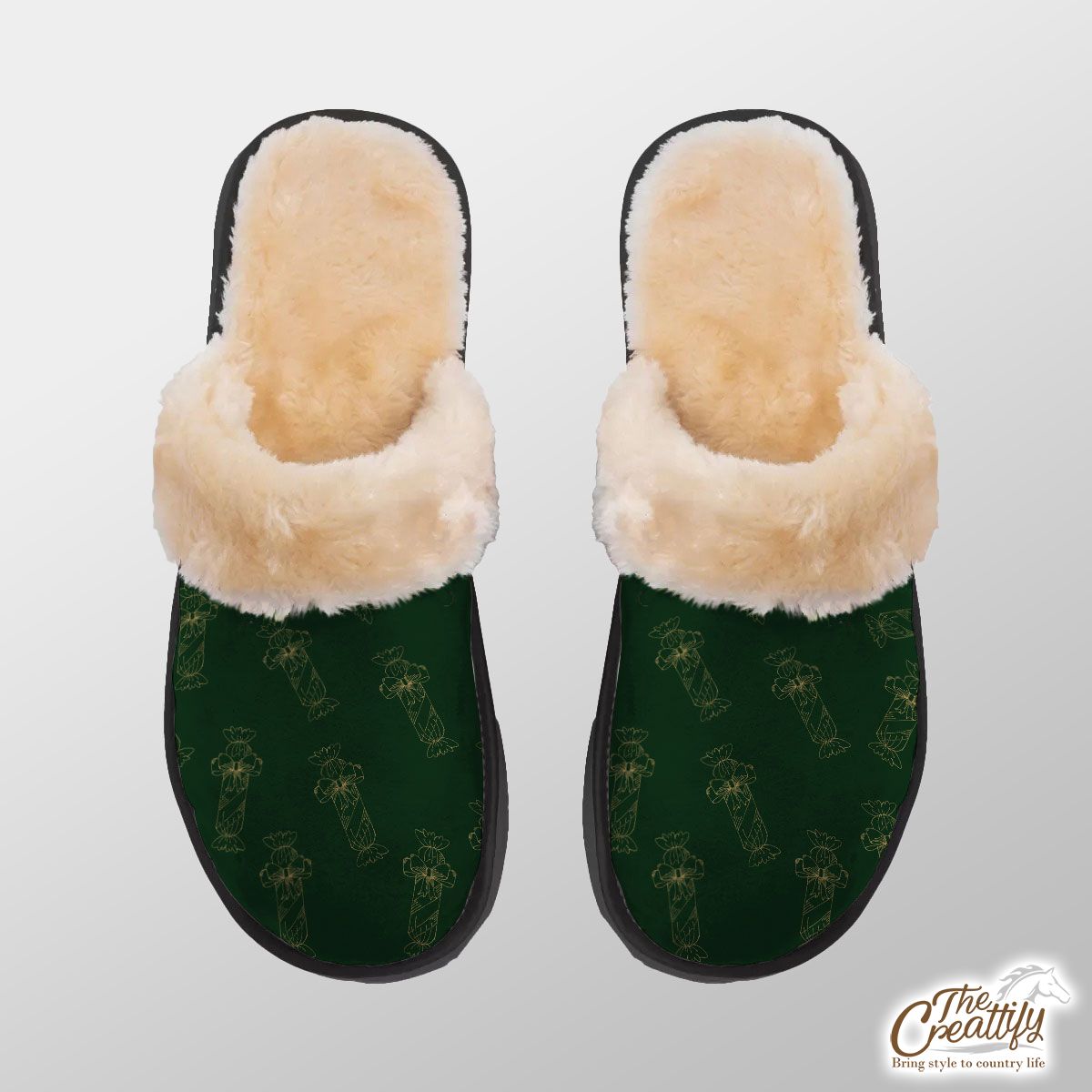 Gold And Green Christmas Candy Home Plush Slippers