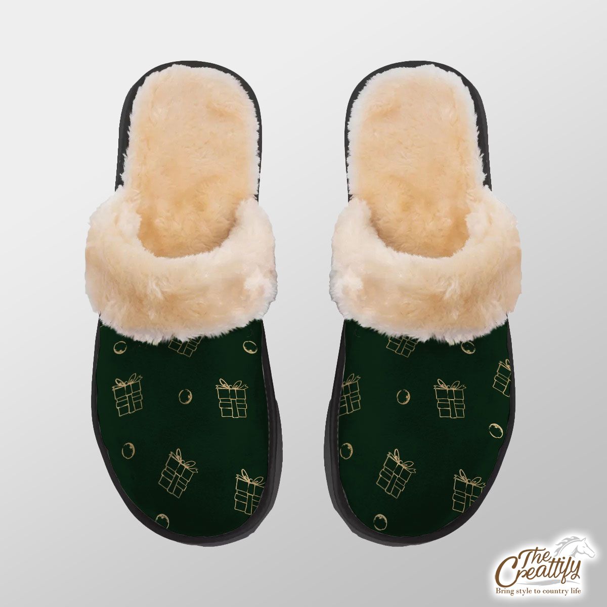 Gold And Green Christmas Gift Home Plush Slippers