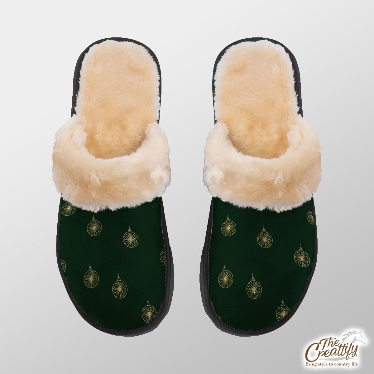 Gold And Green Christmas Ornament Home Plush Slippers