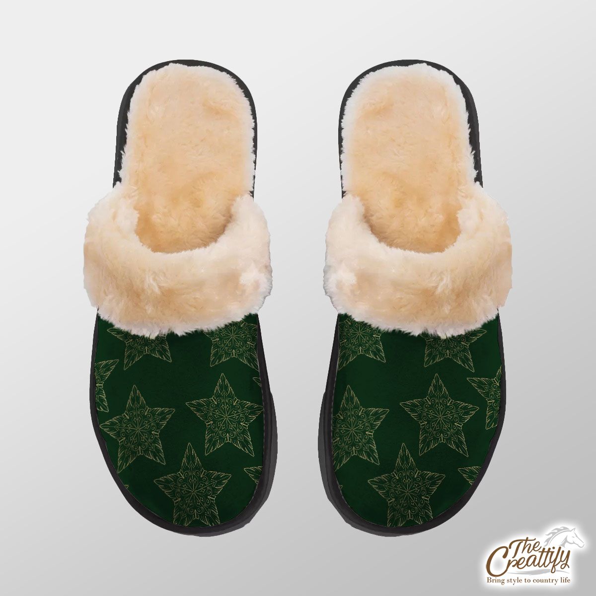 Gold And Green Christmas Star Home Plush Slippers