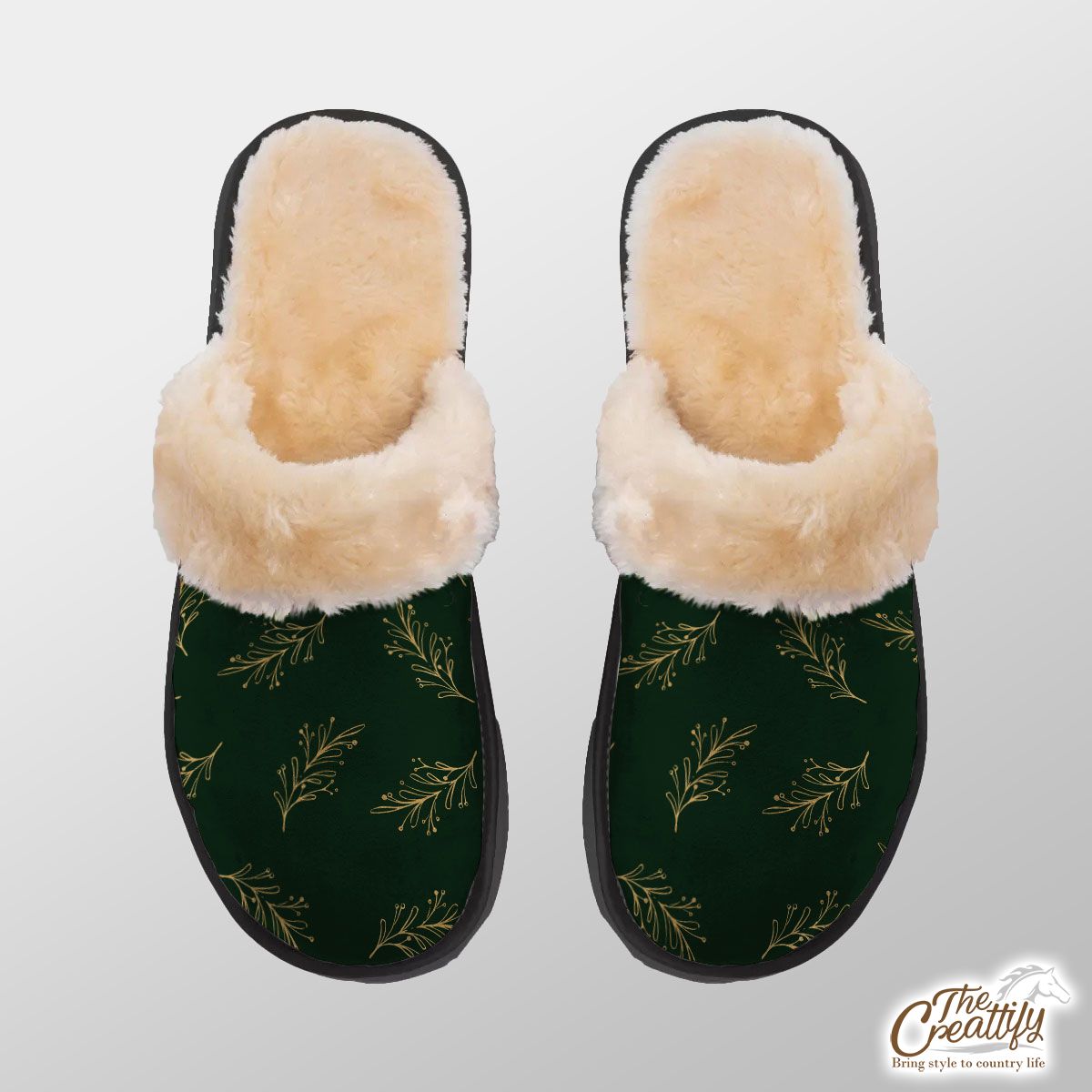 Gold And Green Christmas Tree Branch Home Plush Slippers