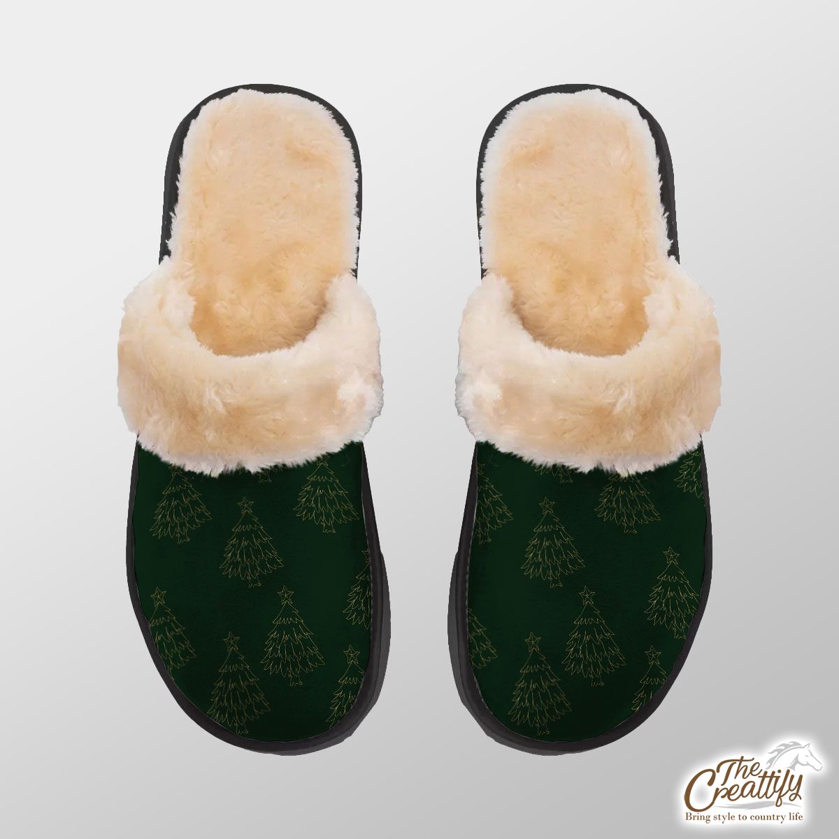 Gold And Green Christmas Tree Home Plush Slippers