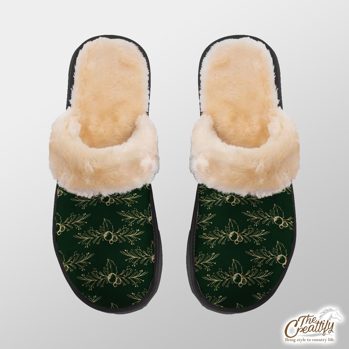 Gold And Green Holly Branch Home Plush Slippers