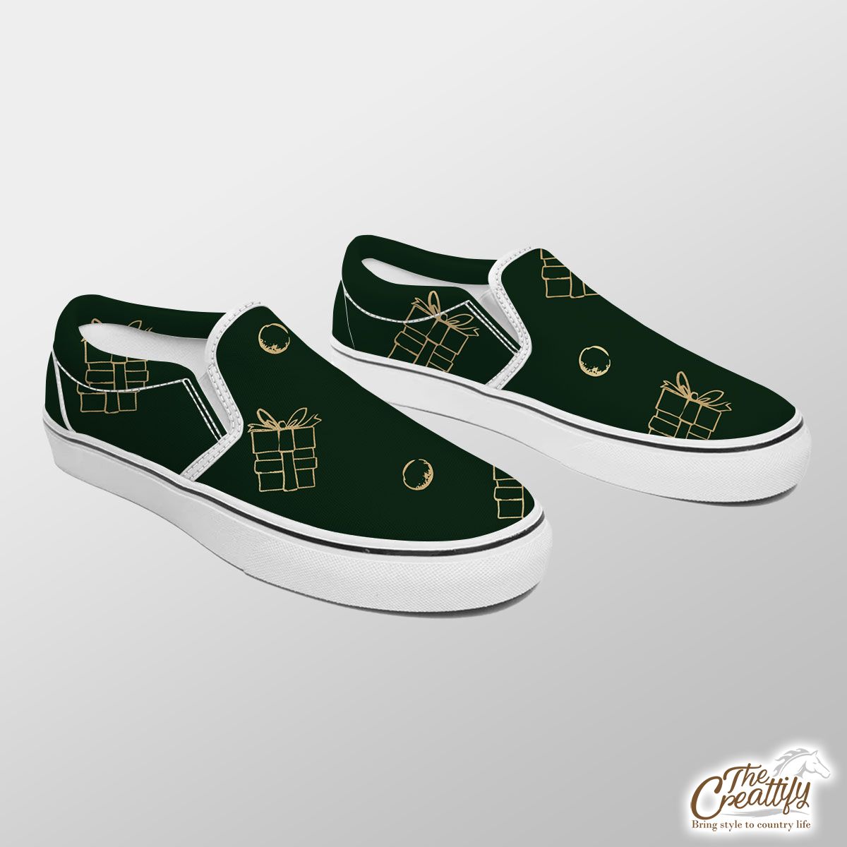 Gold And Green Christmas Gift Slip On Sneakers