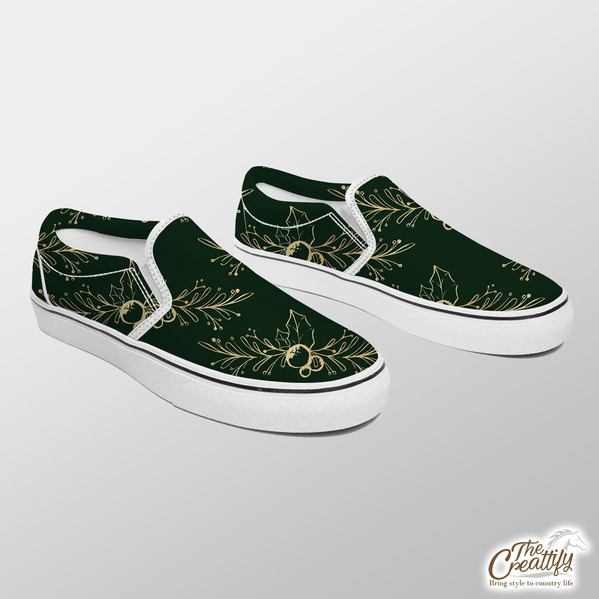 Gold And Green Holly Branch Slip On Sneakers