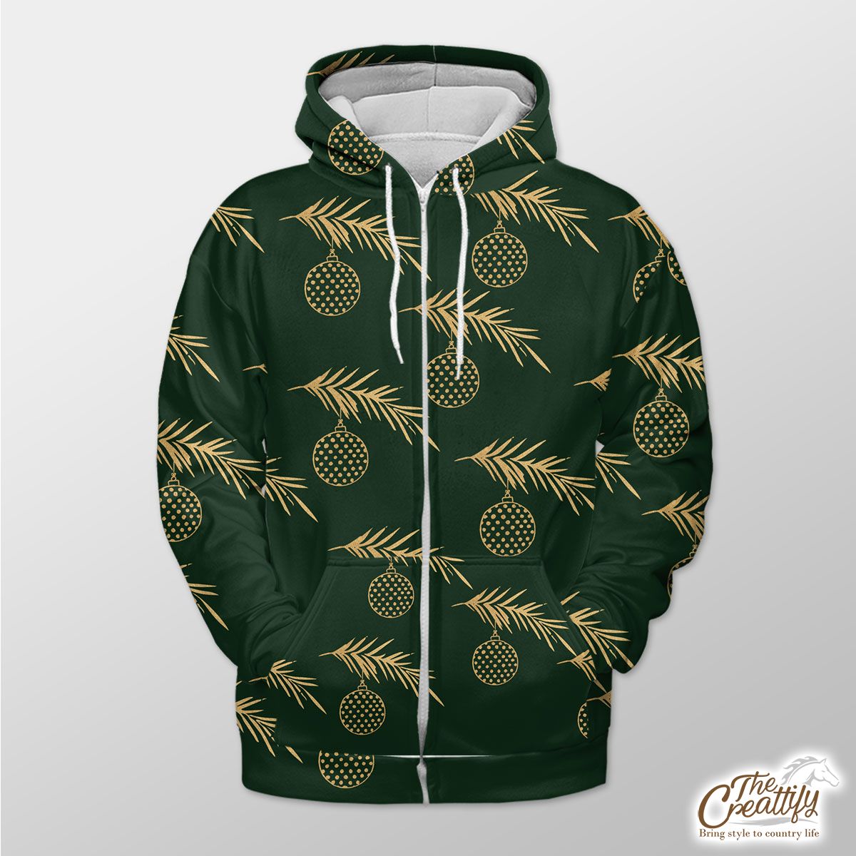 Gold And Green Christmas Bow And Christmas Tree Branch Zip Hoodie