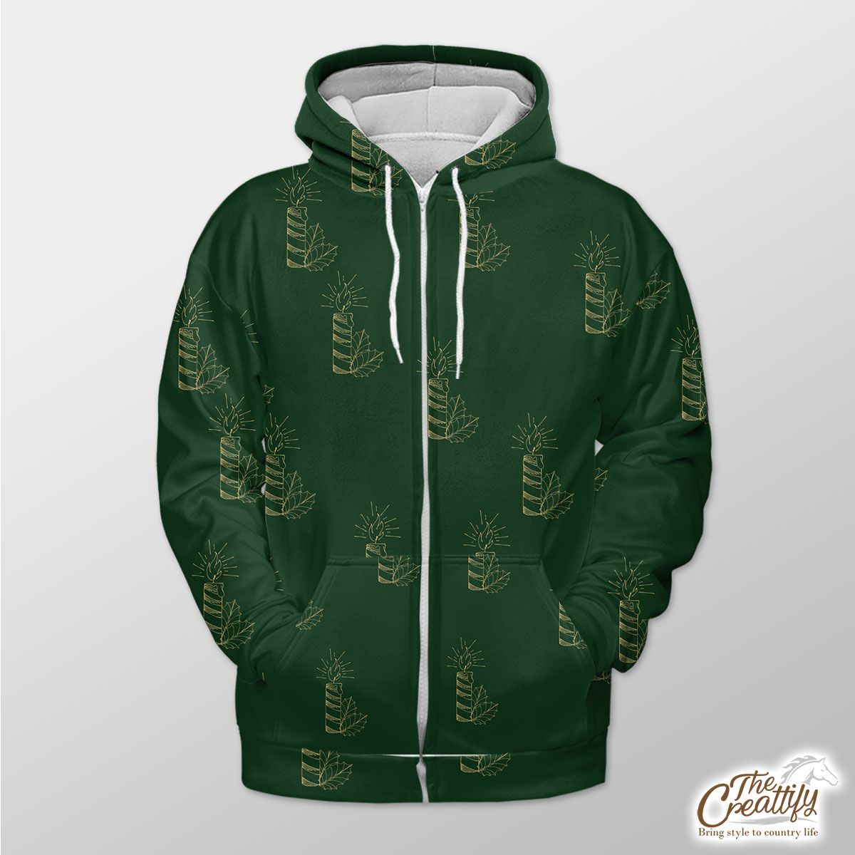 Gold And Green Christmas Candle With Holly Leaf Zip Hoodie