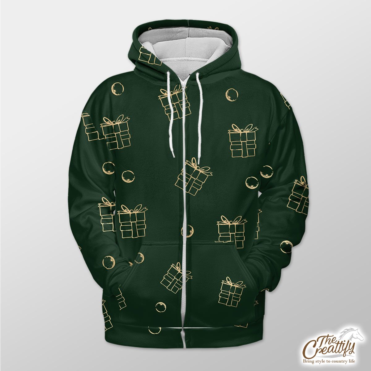 Gold And Green Christmas Gift Zip Hoodie