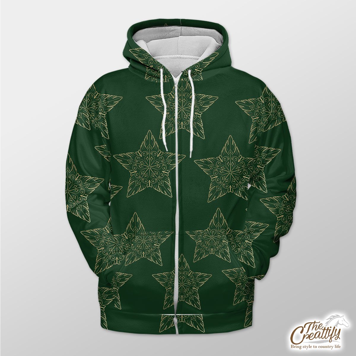 Gold And Green Christmas Star Zip Hoodie
