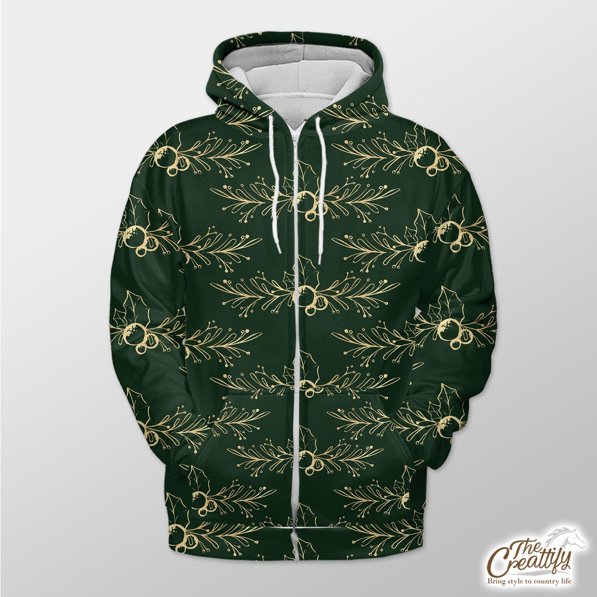 Gold And Green Holly Branch Zip Hoodie