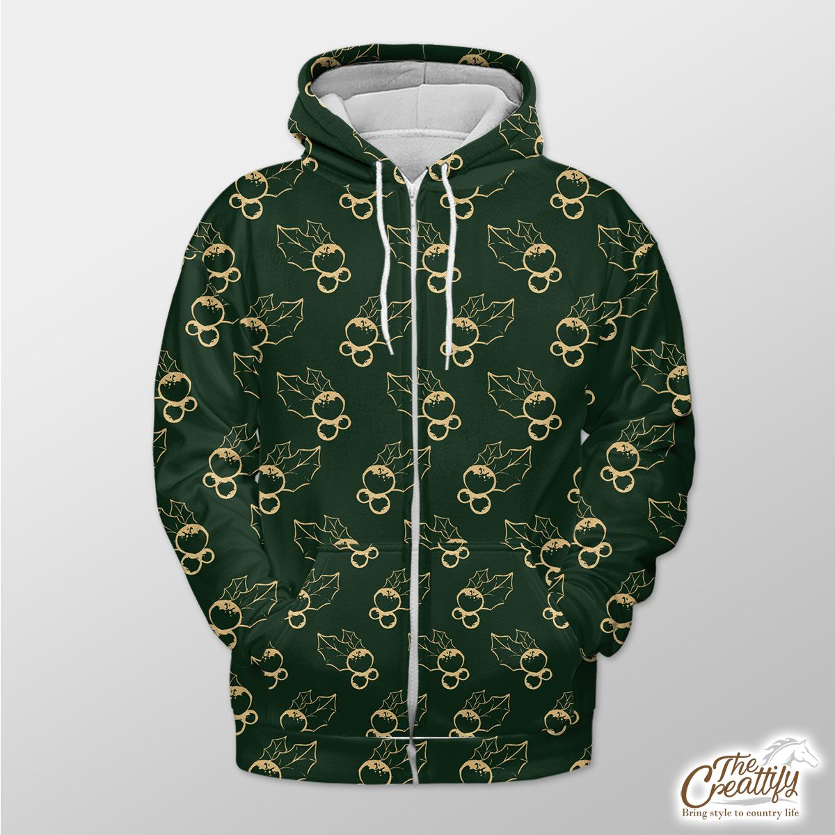 Gold And Green Holly Leaf Zip Hoodie