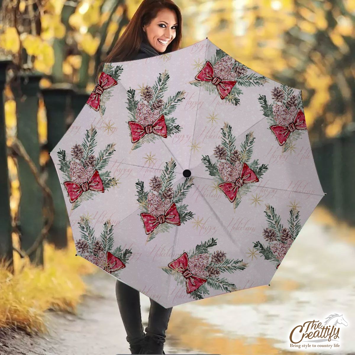 Christmas Mistletoe On Pink Snowflake Background Umbrella