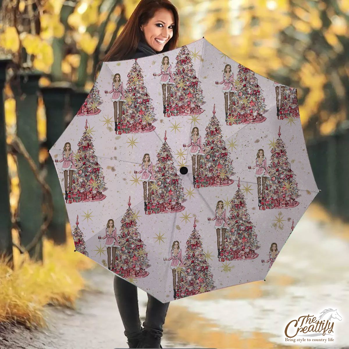 Girl With Pink Christmas Tree Umbrella