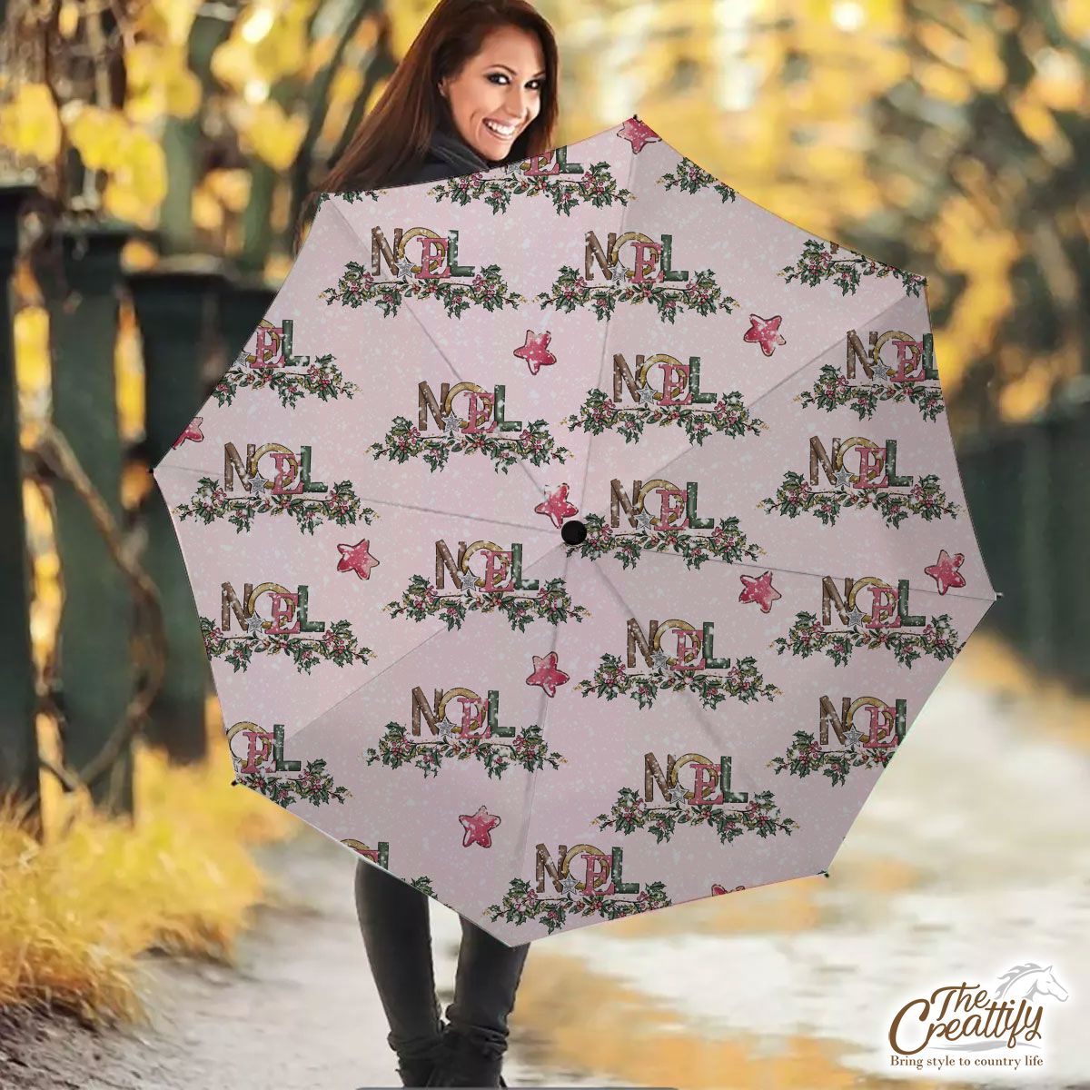 Noel Pink Holly Branch And Christmas Star On Snowflake Background Umbrella