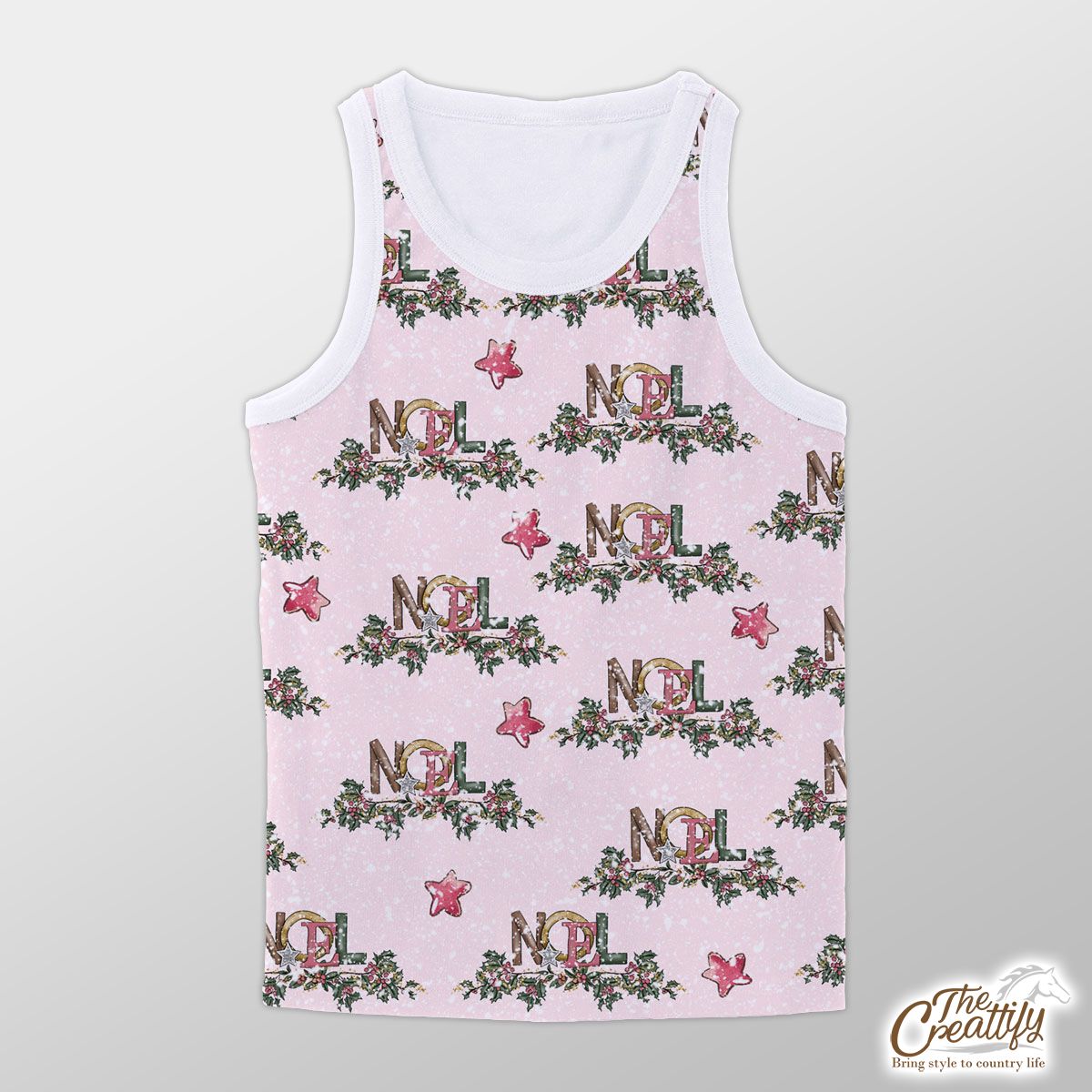 Noel Pink Holly Branch And Christmas Star On Snowflake Background Unisex Tank Top