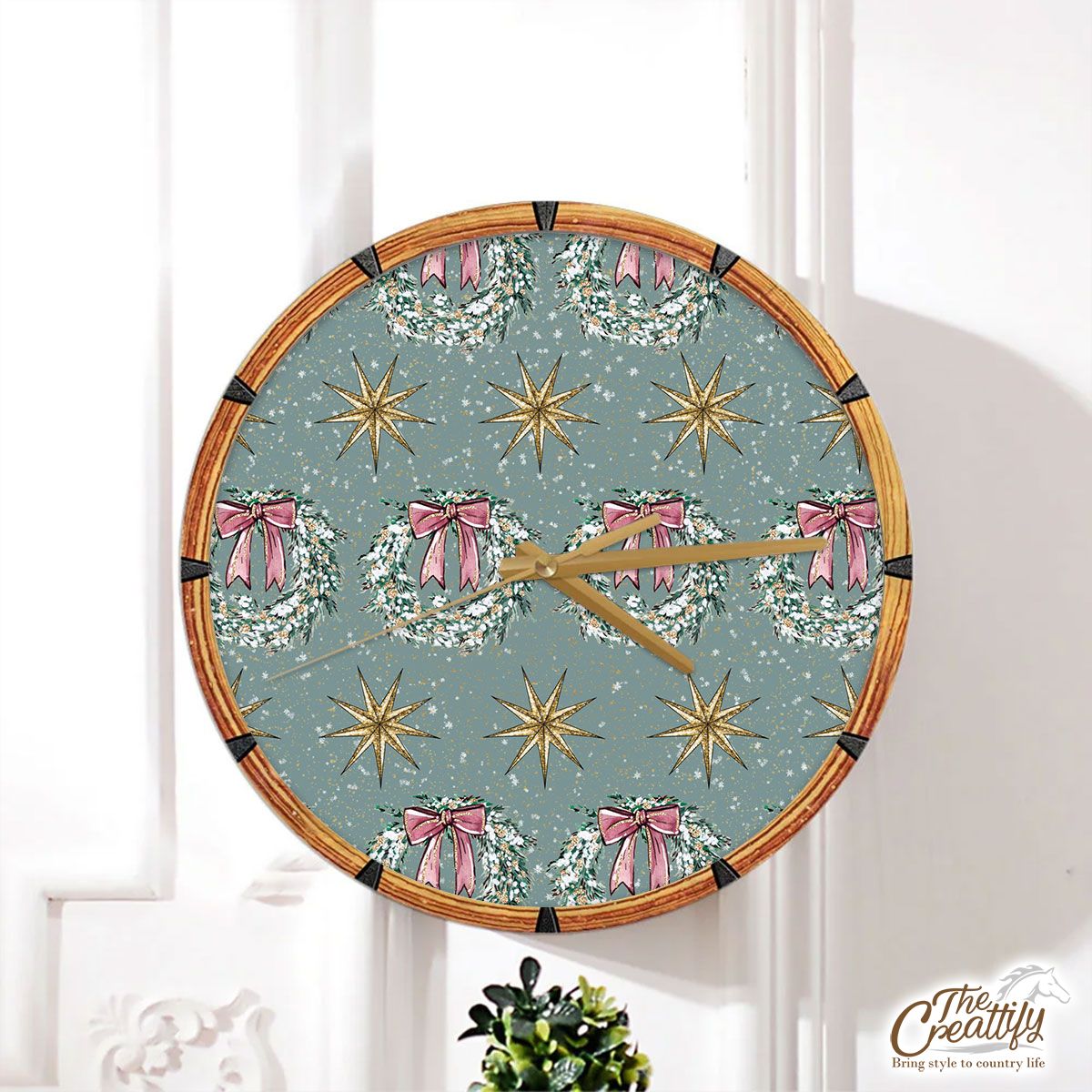 Christmas Wreath, Snowflake On Vintage Green Background Wall Clock