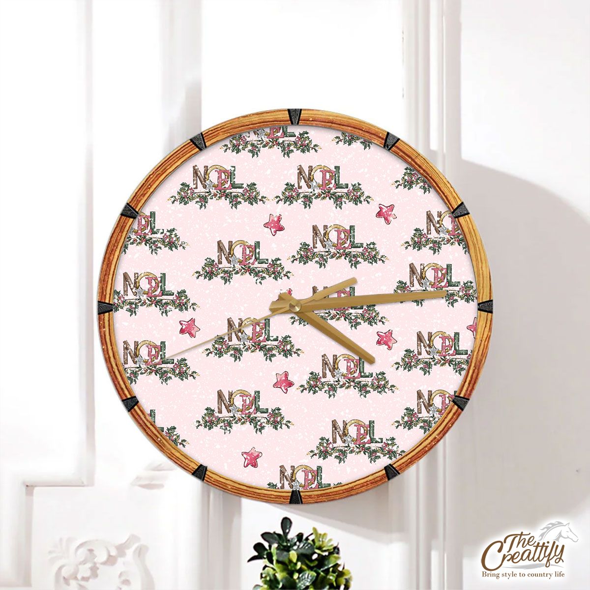 Noel Pink Holly Branch And Christmas Star On Snowflake Background Wall Clock