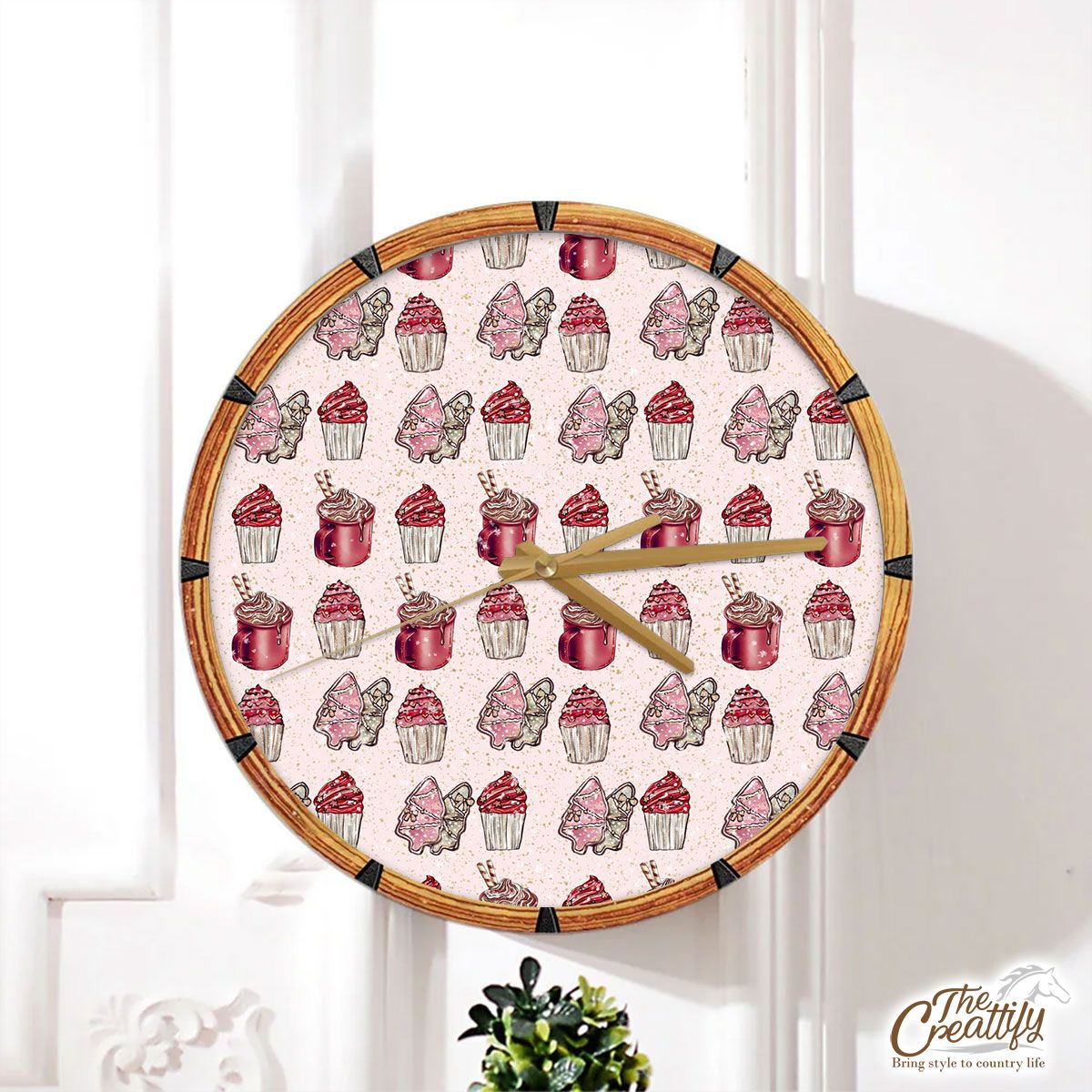 Pink Gingerbread Christmas Tree, Cupcake On Pastel Pink Background Wall Clock