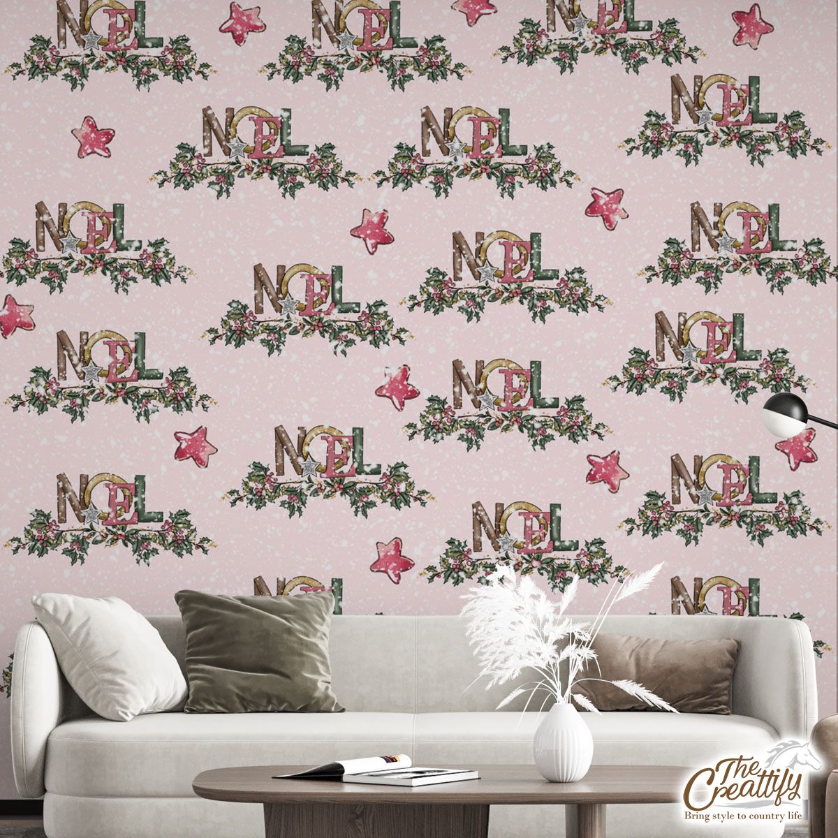 Noel Pink Holly Branch And Christmas Star On Snowflake Background Wall Mural